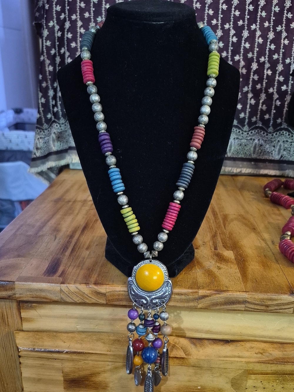 Multicolor Boho Statement Necklace with Yellow Pendant